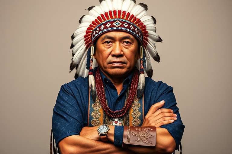 Create a dignified portrait of a Native American man dressed in traditional attire. He wears a beautifully crafted headdress adorned with white feathers and red beads, along with a beaded headband featuring intricate patterns. His clothing includes a deep blue, patterned shirt and a traditional chest piece with detailed beadwork. His arms are crossed, displaying leather armbands decorated with feathers. The background is simple and neutral, emphasizing his proud and stoic expression. The overall image captures the rich cultural heritage and strength of his persona.