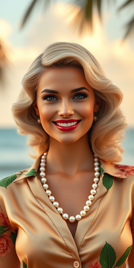 A beautiful Hawaiian woman reminiscent of 1950s Hollywood glamour, with perfectly styled blonde hair and a seductive smile, dressed in a satin blouse and adorned with pearls, soft and warm tones, photorealistic, 8K
