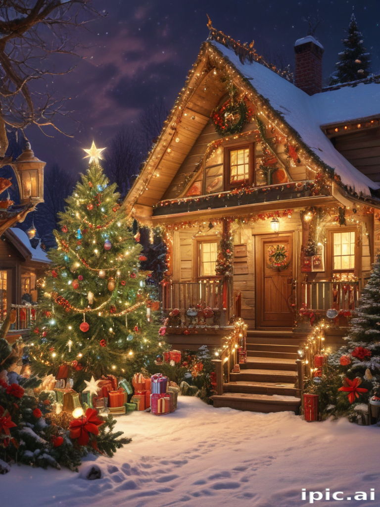 Charming Winter Cabin Decorated for Christmas with Tree and Presents