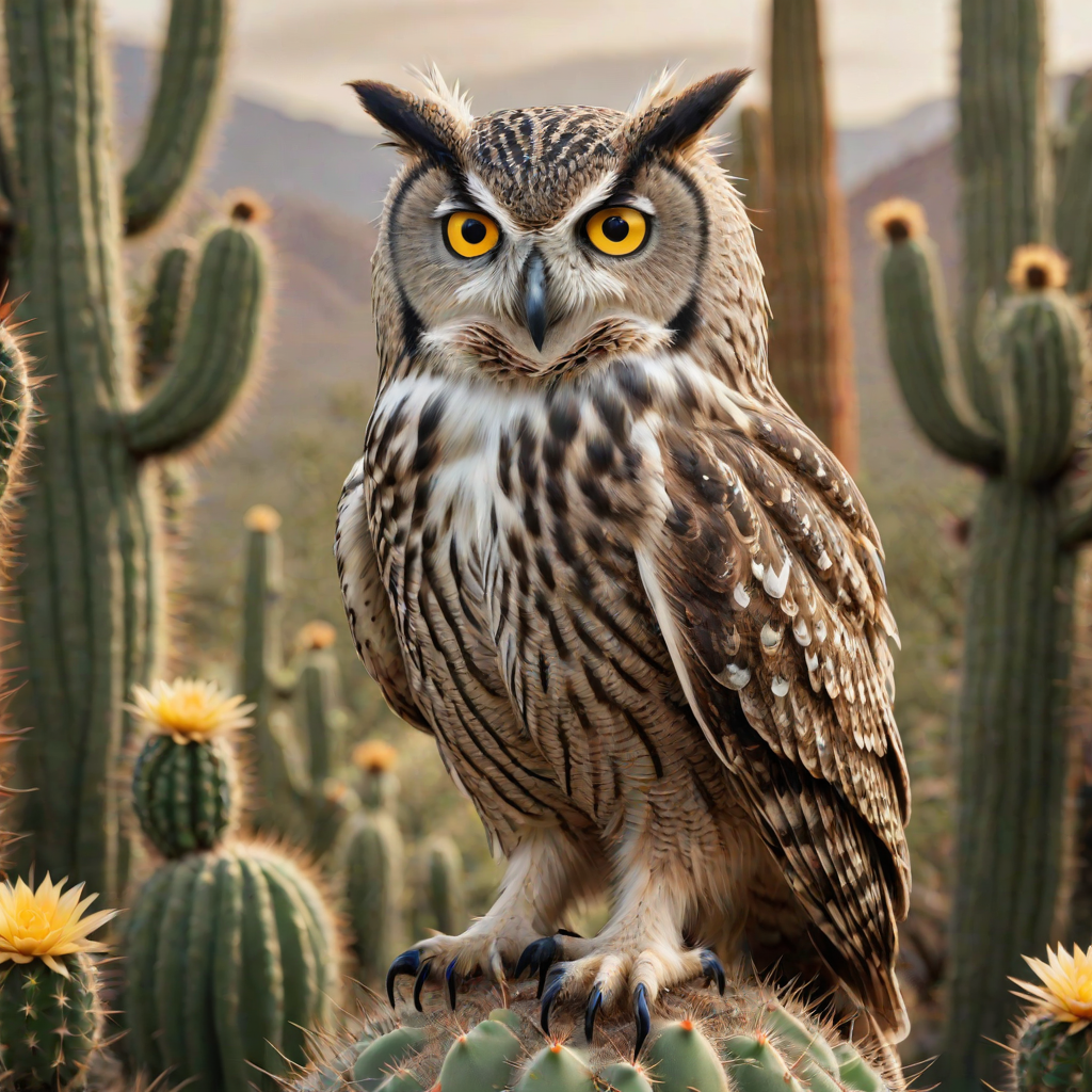 Generate an image of a majestic owl perched on a cactus. The owl should have striking yellow eyes and intricate feather patterns, showcasing a mix of browns and whites. The background should be softly blurred to emphasize the owl, capturing a bright and natural setting.