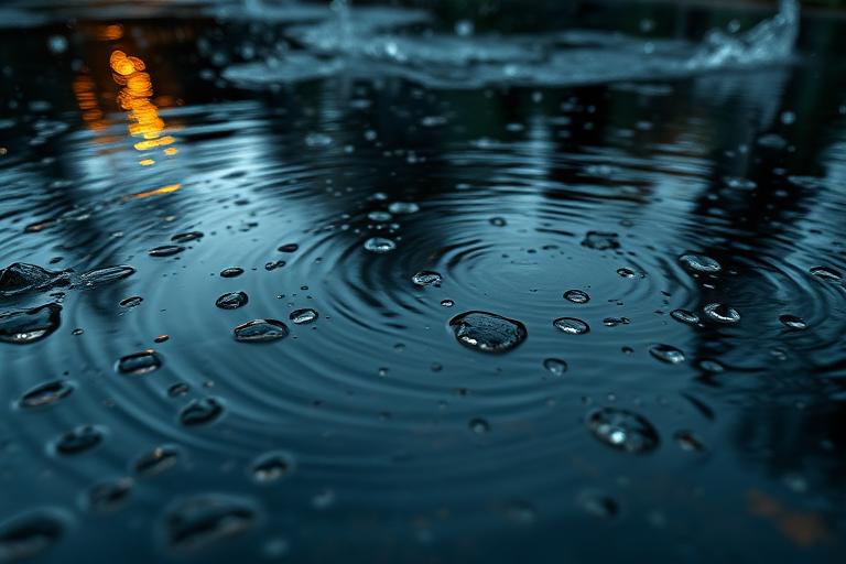 capture the surface of a rain-soaked pond reflecting ripples and droplets during a stormy evening, using a DSLR camera at f/2.8 aperture, ISO 200, shutter speed 1/50s, from a low angle perspective, with a macro lens to enhance detail and texture