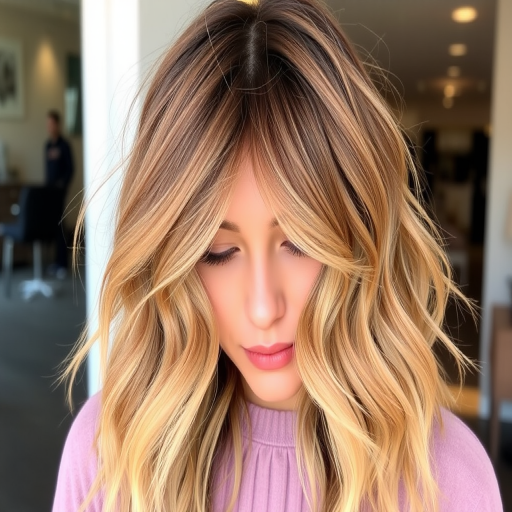 Chic caramel balayage lob dubbed "Golden Hour Glow" with textured wavy layers, rich honey-toned highlights framing face, sun-kissed effect throughout, tousled beachy texture, effortlessly stylish appearance