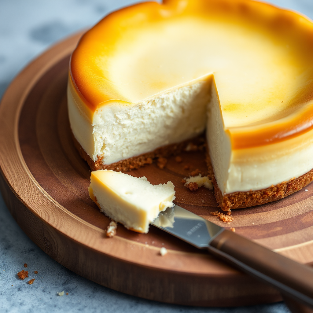 Create an image of a creamy cheesecake with a golden brown crust placed on a wooden serving board. The cheesecake should have a slice cut out, revealing its smooth texture inside. Include a knife resting beside the cheesecake and some crumbs scattered around. The background should be softly blurred to keep the focus on the cheesecake.