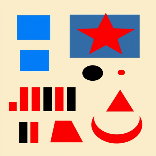 Create a vector graphic image of various geometric shapes including a red star, a blue square, a cluster of blue circles, a black oval, red and black bars, a red triangle, and a crescent shape, using a digital illustration style with high resolution, 300 DPI, and a clean, modern design aesthetic.