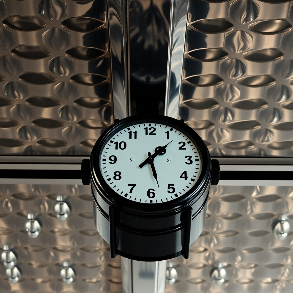 Capture an image of a clock mounted on a metallic ceiling with detailed reflections, using a Canon EOS R5 at f/8 aperture, ISO 100, 1/60 sec shutter speed, from a low-angle perspective to emphasize the clock and ceiling texture.
