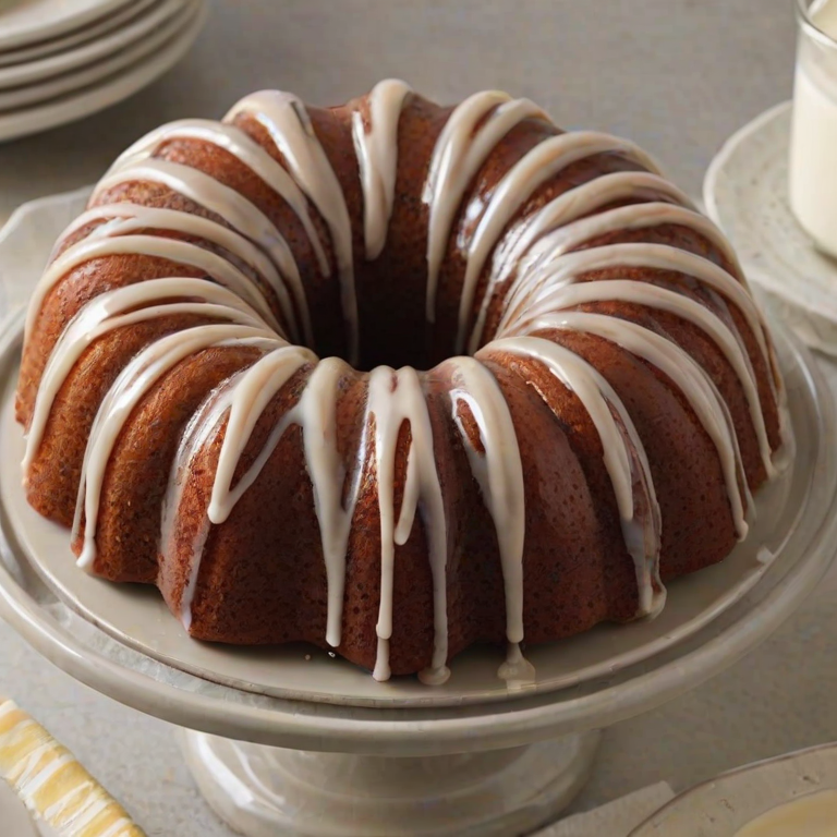 Create an image of a round bundt cake with a smooth, glossy glaze drizzled over the top. The cake should have a light brown color with a white icing that creates a decorative pattern running down the sides. The background should be simple and neutral to highlight the cake.
