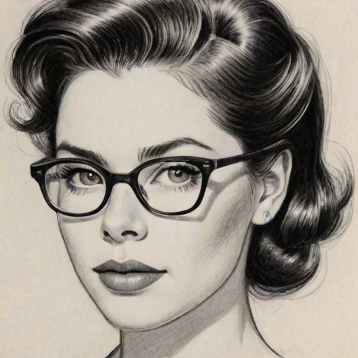 Comely Grace Phipps, pencil sketch, portrait of Superb woman 1955s in glasses, hair style beatnik, outline, clear lines, fine lines, 8k