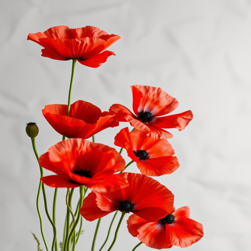 Create a high-resolution digital illustration of vibrant red poppies on a soft gray background, using an 85mm lens at f/2.8, ISO 100, with a shallow depth of field to emphasize the flowers, captured in a studio lighting setup for a soft, diffused look and texture.