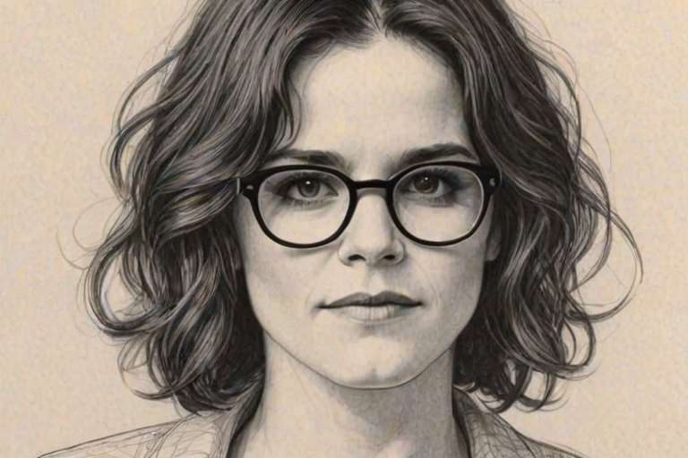 Gorgeous Ally Sheedy, pencil sketch, portrait of Captivating woman 1923s in glasses, hair style beatnik, outline, clear lines, fine lines, 8k