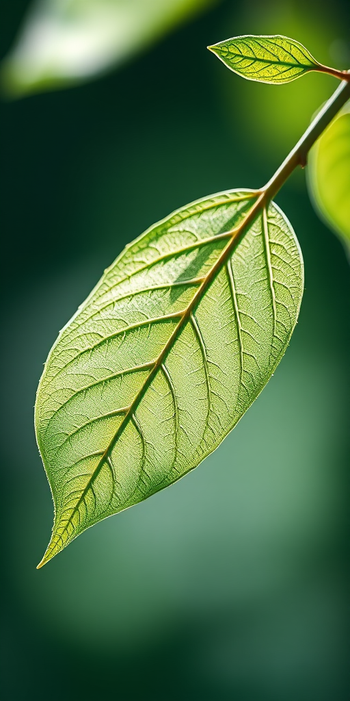 Create a high-quality digital illustration of a single elegant leaf branch with detailed texture, capturing natural light, using a macro lens at f/2.8, ISO 100, 1/200s, shot in soft focus with a semi-transparent background.