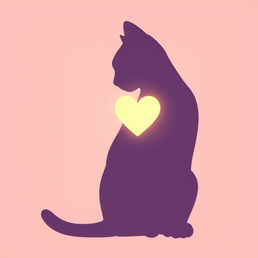 Create a digital illustration of a silhouette of a cat sitting sideways with a glowing heart in the center, using soft pastel colors; camera settings: f/1.8, ISO 200, shutter speed 1/200 sec; camera view: close-up; camera style: artistic; camera type: digital DSLR.