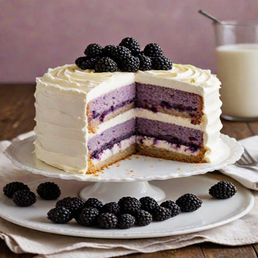 Create an image of a layered dessert with three distinct layers. The bottom layer should be a light purple cake, the middle layer white frosting, and the top layer should also be light purple cake. Decorate the top with whipped cream and fresh blackberries. Place two lemons in the background for contrast. The setting should be rustic, with a wooden surface.