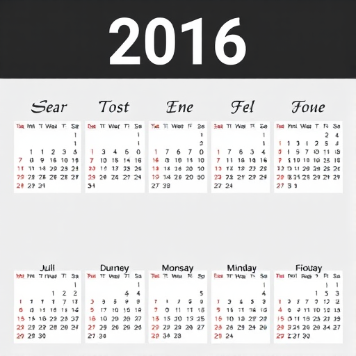 Generate a high-resolution image of a 2016 calendar layout with clear and bold month names at the top, days of the week labeled, and each month's dates arranged in a neat grid format, camera type: DSLR, camera style: portrait, aperture: f/4, shutter speed: 1/60s, ISO: 100, view: straight-on perspective.
