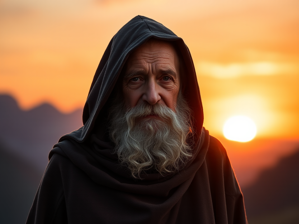 Regenerate an image of a wise old man in a hooded cloak standing against a sunset with mountains in the background, ISO 100, f/2.8, 1/125s, 50mm lens, portrait view, soft focus, DSLR camera.