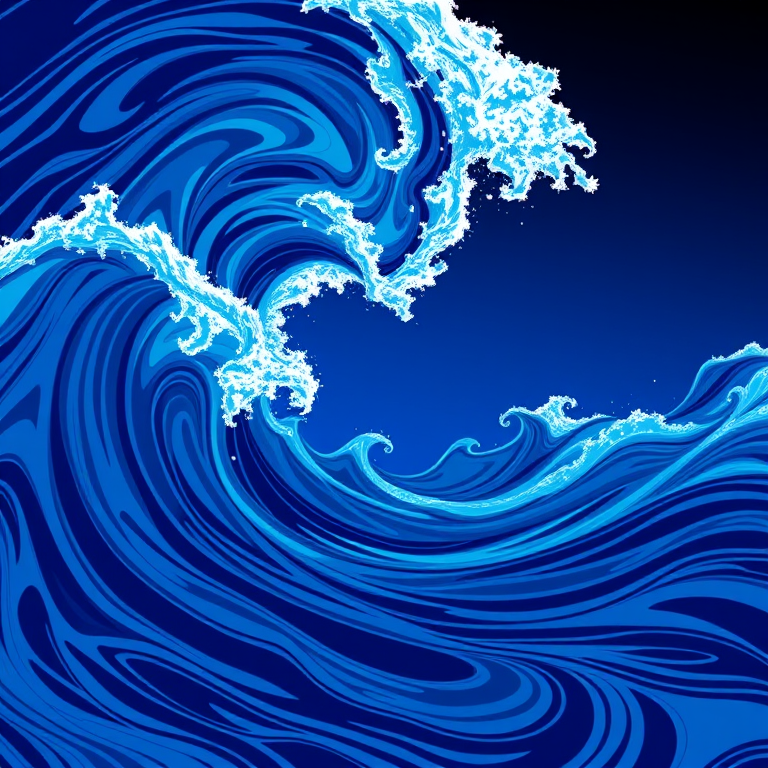 Create a vibrant graphic of stylized ocean waves with swirling patterns in deep blue, using a high-resolution digital art style, captured with a wide-angle lens at f/8.0 for depth of field, 1/125s shutter speed, and ISO 100 for clarity.