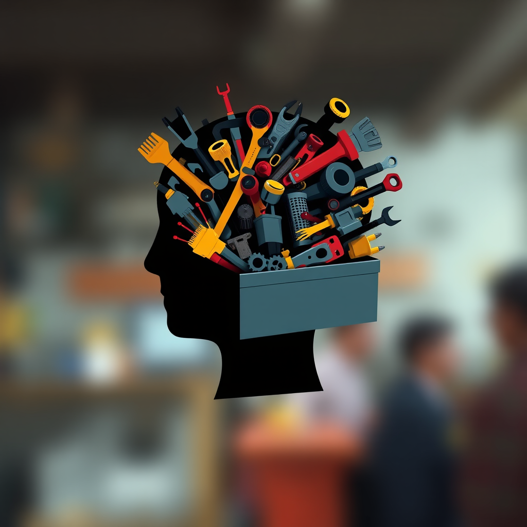 Create an illustration of a silhouette of a head with a brain, filled with various tools and mechanical parts spilling out of a toolbox, using a high-resolution digital camera in 50mm lens, f/2.8 aperture, ISO 100, soft natural lighting, and a depth of field to create an artistic blur in the background for enhanced image quality.