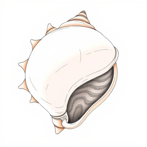 Create a detailed illustration of a conch shell with intricate line work and shading, using a Canon EOS R5 camera, 50mm lens, f/8 aperture, ISO 100, in a bright, natural light setting, capturing a close-up view.