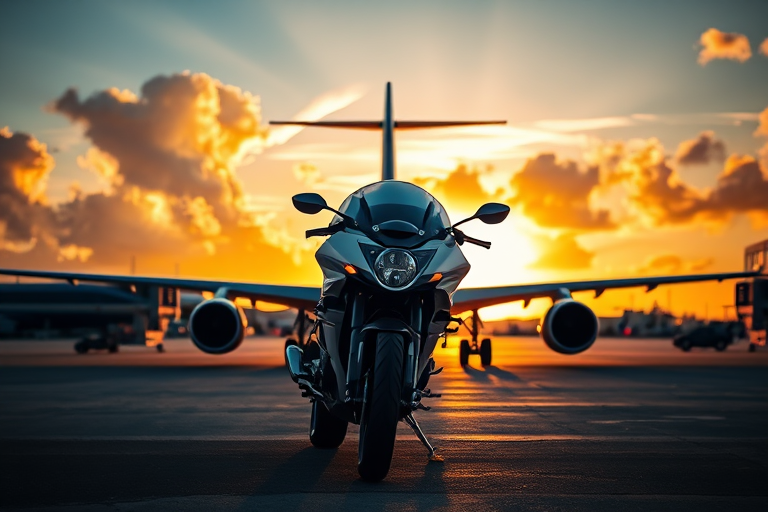 capture a motorcycle parked in front of a large airplane at an airport during golden hour with dramatic clouds, using a 50mm lens, f/1.8 aperture, ISO 100, shutter speed 1/200 sec, in a shallow depth of field and high dynamic range for enhanced clarity and contrast, shot with a full-frame DSLR.