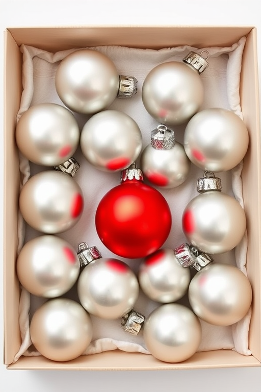 Create an image of a neatly arranged box containing twelve Christmas ornaments. The ornaments should be silver and matte in finish, with one bright red ornament in the center. The box should have a soft, cushioned lining to protect the ornaments, and the overall aesthetic should convey a festive holiday spirit.