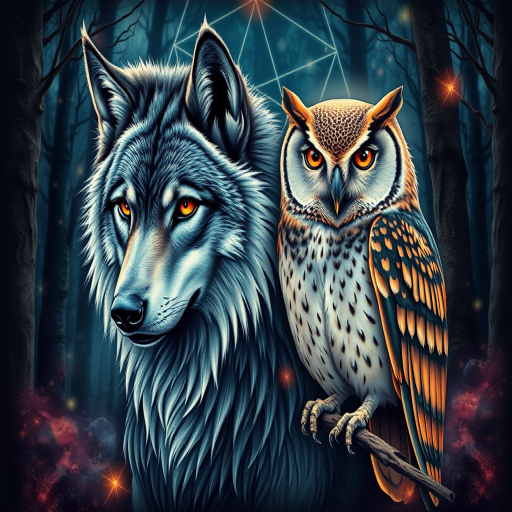 Photorealistic color tattoo titled "Nature's Guardians" showcasing a hyper-detailed wolf and owl in a mystical forest setting, with glowing eyes and ethereal aura effects, incorporating elements of sacred geometry in the background to enhance the magical atmosphere, perfect for a full back or chest piece