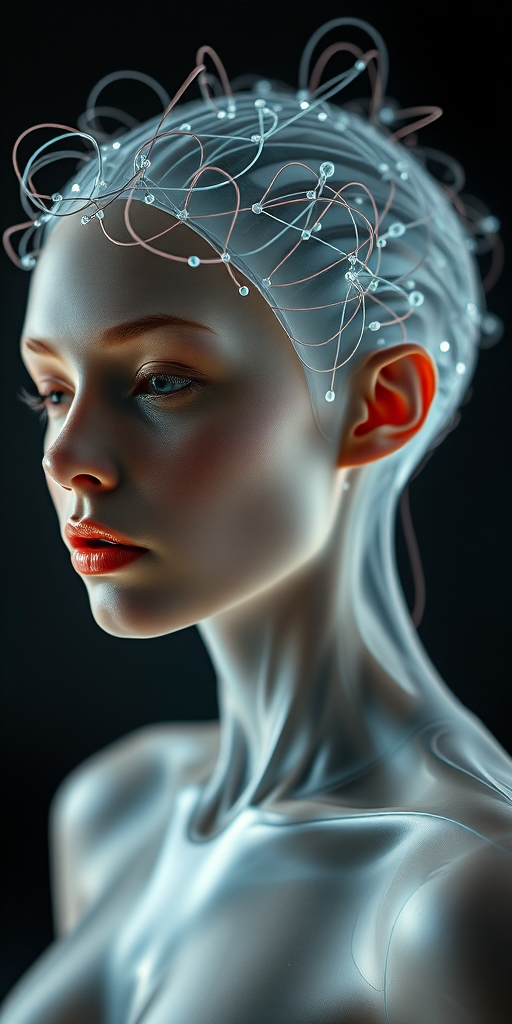 A futuristic, ethereal woman with a translucent body and intricate wire-like connections on her head, shot with a Canon EOS R5 at f/1.8, ISO 100, 50mm lens, in soft diffused lighting, focusing on details with a shallow depth of field.