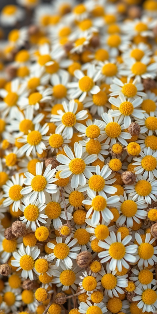 Photograph a heap of dried chamomile flowers, using a macro lens, f/2.8 aperture, ISO 100, natural soft lighting, and a shallow depth of field for enhanced detail and clarity.
