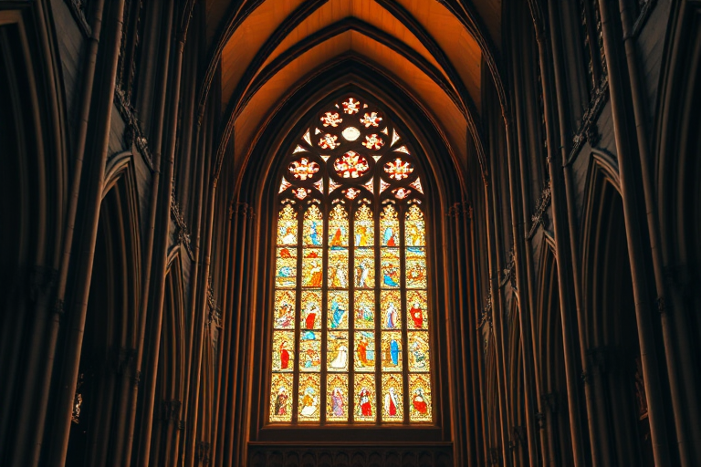 regenerate a gothic cathedral interior with a vibrant stained glass window, soft ambient lighting, wide angle view, f-stop 8, ISO 400, shutter speed 1/60s, full-frame DSLR camera