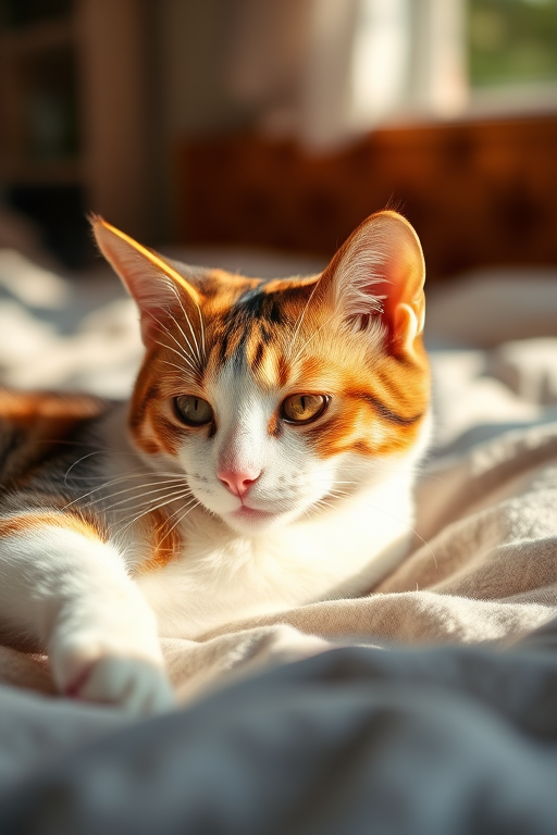 highly detailed close-up of a relaxed calico cat lounging in soft natural light on a cozy bed, shallow depth of field, f/1.8 aperture, 50mm lens, ISO 100, shot with a DSLR camera, golden hour lighting