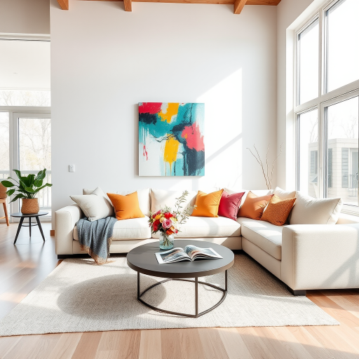 interior of a cozy living room with a modern minimalist design featuring a large light-colored sofa adorned with colorful cushions, a round coffee table with a magazine on it, a vase of flowers, and a vibrant abstract painting on the wall, natural light streaming through large windows, camera settings: f/4, 1/60s, ISO 200, camera view: wide angle, camera style: bright and airy, camera type: DSLR