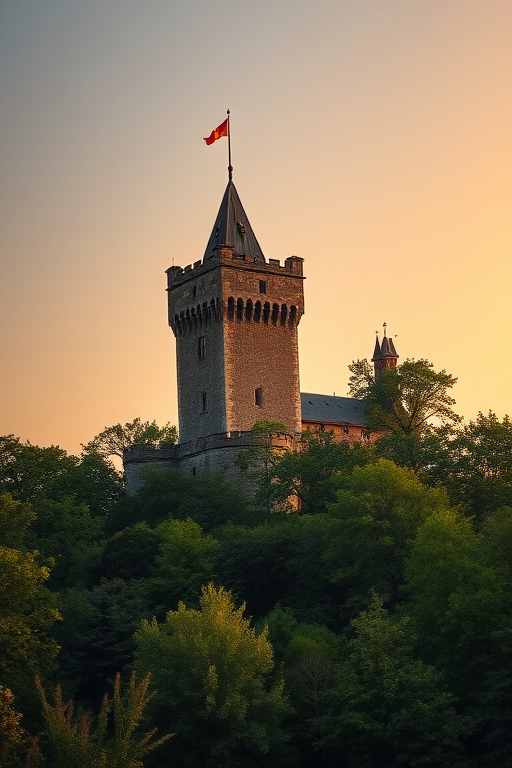 A medieval castle tower nestled among lush green trees during golden hour, captured with a DSLR camera, 50mm lens, aperture f/2.8, ISO 100, with a slight vignette effect to enhance the mood.