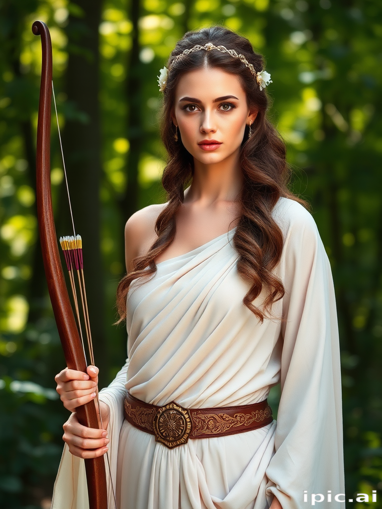 Create a portrait of a goddess-like female figure in a tranquil, forested environment. She has an elegant appearance with long, wavy hair styled in an updo and adorned with a delicate, floral headband. She wears a flowing, ancient Greek-inspired gown in a soft, pale color, featuring a one-shoulder design and draped fabric that accentuates her graceful form. The outfit includes a decorative belt with ornate gold detailing, and she holds a bow in her hand, with a quiver of arrows slung over her shoulder. The background depicts lush greenery, with sunlight filtering through the trees, casting a gentle, ethereal light on the scene. Her expression is calm and contemplative, embodying a sense of wisdom and serenity.