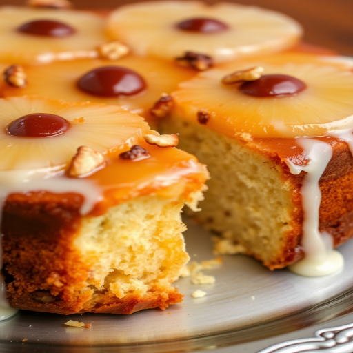 A close-up of a deliciously moist pineapple upside-down cake topped with a creamy glaze and crunchy nuts, showcasing a slice cut out revealing the soft interior, all presented on a silver plate with a blurred background.
