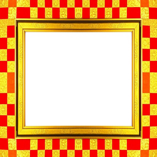 Create a vibrant rectangular frame with alternating gold and red checkered patterns, high resolution, 50mm lens, f/2.8 aperture, ISO 100, shot from a front view using a DSLR camera.