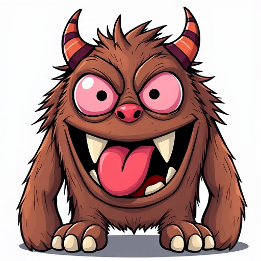Create a cartoon-style image of a brown monster with a wide mouth, protruding tongue, and large pink eyes using a digital illustration technique, shot from a front view perspective with a high-resolution digital camera set to f/2.8 aperture, ISO 100, and a 50mm lens to enhance image quality and detail.