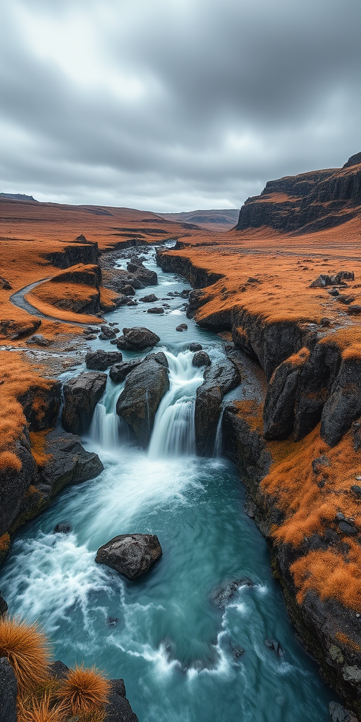 Capture a dramatic landscape of a river waterfall surrounded by rocky cliffs and grassy terrain under an overcast sky, using a DSLR camera with a 24mm lens, f/8 aperture, ISO 200, shutter speed 1/125 sec, in landscape orientation and a slight long exposure effect to smooth the water.