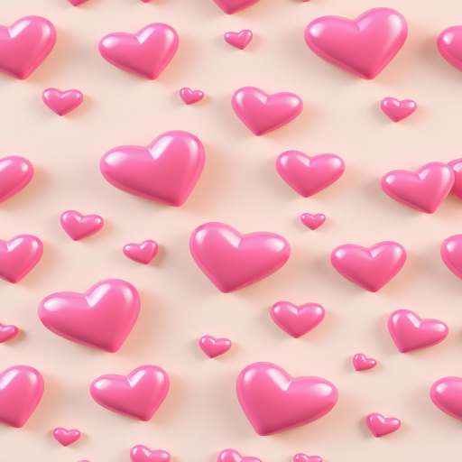 Create a seamless pattern featuring various sizes of pink glossy hearts on a soft beige background, captured with a DSLR camera at f/4 aperture, ISO 100, 50mm lens, in soft natural light for enhanced texture and detail.