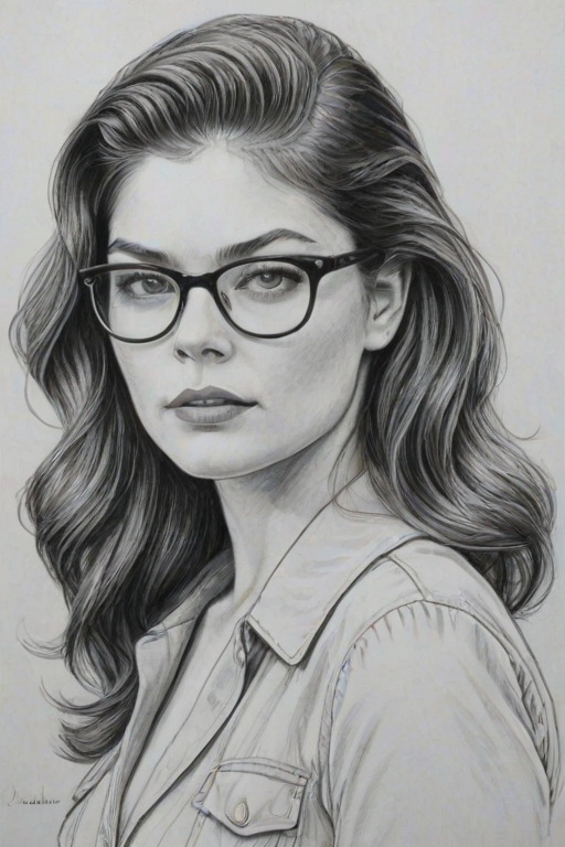 Ravishing Alexa Davalos, pencil sketch, portrait of Charming woman 1961s in glasses, hair style beatnik, outline, clear lines, fine lines, 8k
