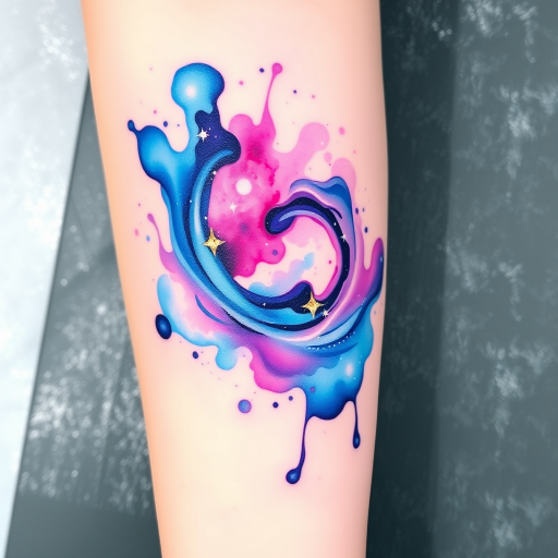 Vibrant watercolor splash tattoo named "Celestial Spectrum" featuring a swirling galaxy of blues, purples, and pinks blending seamlessly into an ethereal nebula, with delicate white stars scattered throughout the design creating a sense of depth and wonder, incorporating subtle touches of gold leaf for added luminosity and sparkle, perfect for those seeking a dreamy and cosmic body art piece that captures the beauty of the universe in a fluid and artistic style