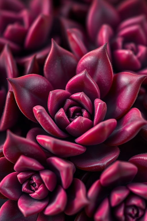 close-up shot of dark red succulent plants with intricate leaf details, natural lighting, aperture f/2.8, ISO 100, shutter speed 1/125s, macro lens, DSLR camera