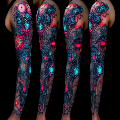 Cyberpunk-inspired circuitry tattoo with glowing neon accents and intricate technological details, seamlessly blending organic and mechanical elements across the entire arm sleeve