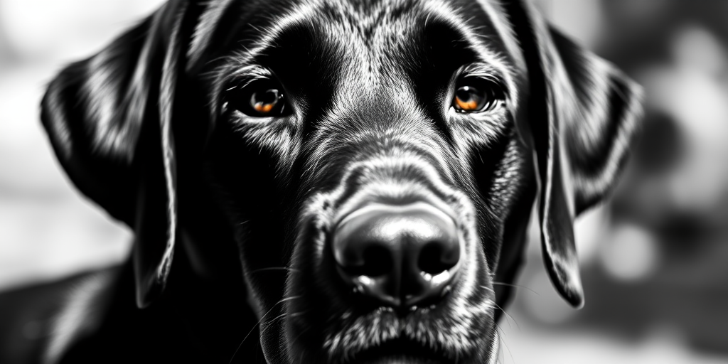 Create a high-contrast black and white portrait of a black Labrador Retriever with a shallow depth of field, using a 50mm lens at f/1.8, ISO 200, 1/200 sec, shot from eye level with natural lighting to enhance detail and texture.