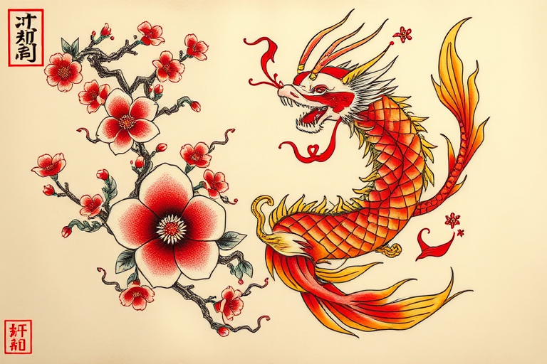 Japanese irezumi tattoo titled "Mythical Harmony" featuring traditional motifs like koi fish cherry blossoms and dragons rendered in vibrant colors with smooth gradients and bold outlines