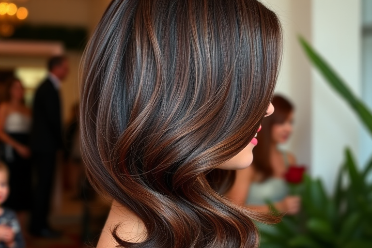 Luxurious chocolate cherry ombre styled in glamorous old Hollywood waves, with a deep side part and glossy finish for red carpet readiness