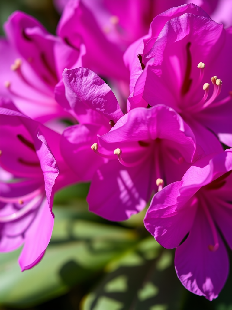 Close-up of vibrant purple rhododendron flowers in natural light, aperture f/2.8, shutter speed 1/200s, ISO 100, 50mm macro lens, DSLR camera, shallow depth of field for enhanced detail and focus on flower textures.