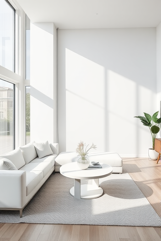 modern minimalist interior living room with white couch and round table, large windows with natural light, soft shadows, high-resolution, 35mm lens, f/2.8 aperture, ISO 100, soft focus, natural light photography, wide-angle view