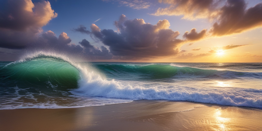 Majestic Ocean Waves Crashing on Sandy Shore at Sunset Under Colorful ...