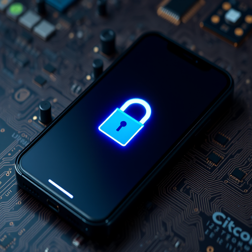 Create a high-resolution image of a smartphone displaying a glowing blue padlock icon on a circuit board background, using a DSLR camera with a 50mm lens, aperture set to f/1.8, ISO 100, and a shallow depth of field to enhance image quality.
