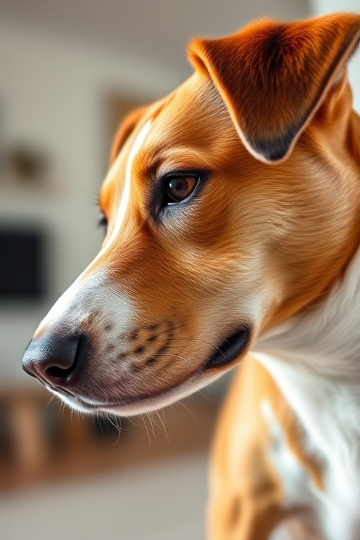 a close-up profile shot of a beautiful dog with brown and white fur, soft natural lighting, 50mm lens, f/1.8 aperture, ISO 100, shallow depth of field, DSLR camera, indoor setting, focus on the dog's face with a blurred background