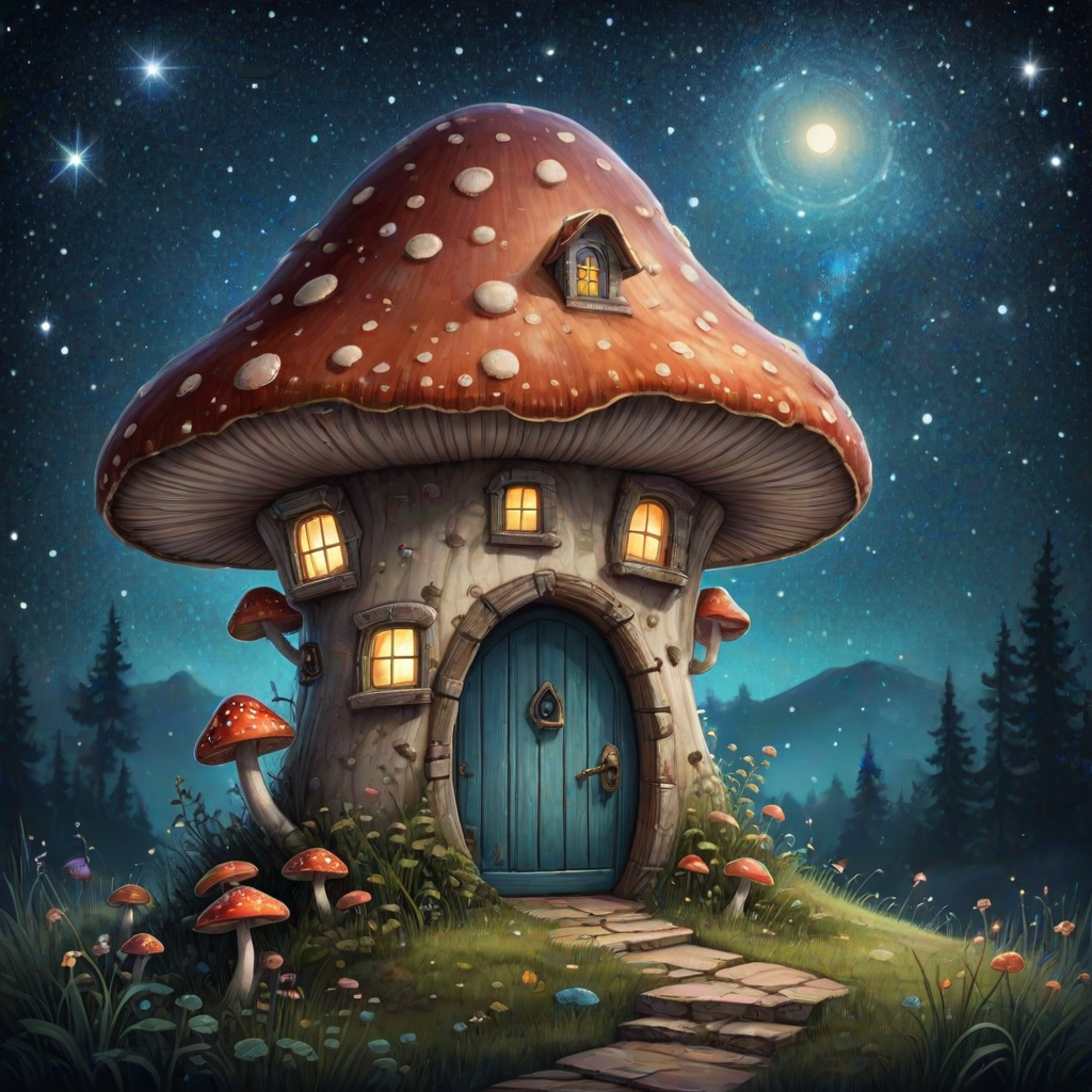 imagine illustration of a mushroom house with a door and a window, a storybook , fantasy art, mushroom house, bg starry sky, sparkles