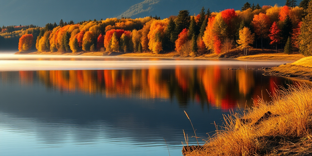 a serene lakeside view with vibrant autumn trees reflecting in calm water, taken with a DSLR camera, 50mm lens, f/8 aperture, ISO 100, natural lighting, soft focus background, shot during golden hour for warm tones and enhanced depth.